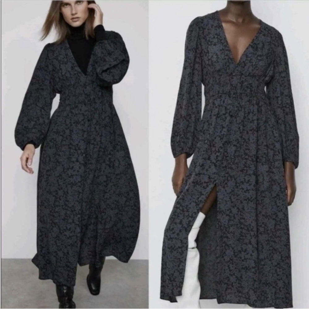 Zara Black and Blue Floral Long Sleeve Dress